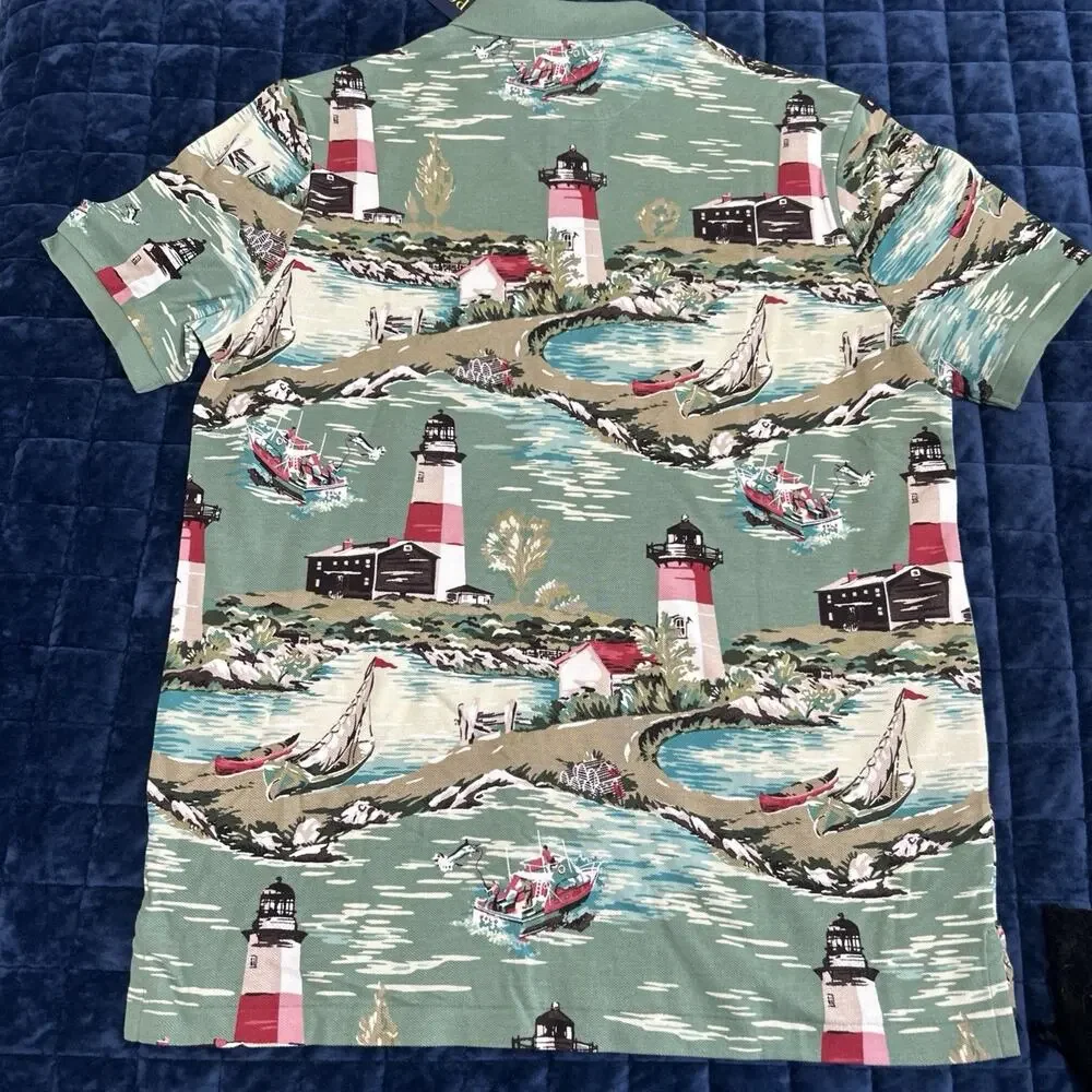 NWT Polo Ralph Lauren Mens Green Lighthouse Ship AOP Print Polo Shirt Sz Medium